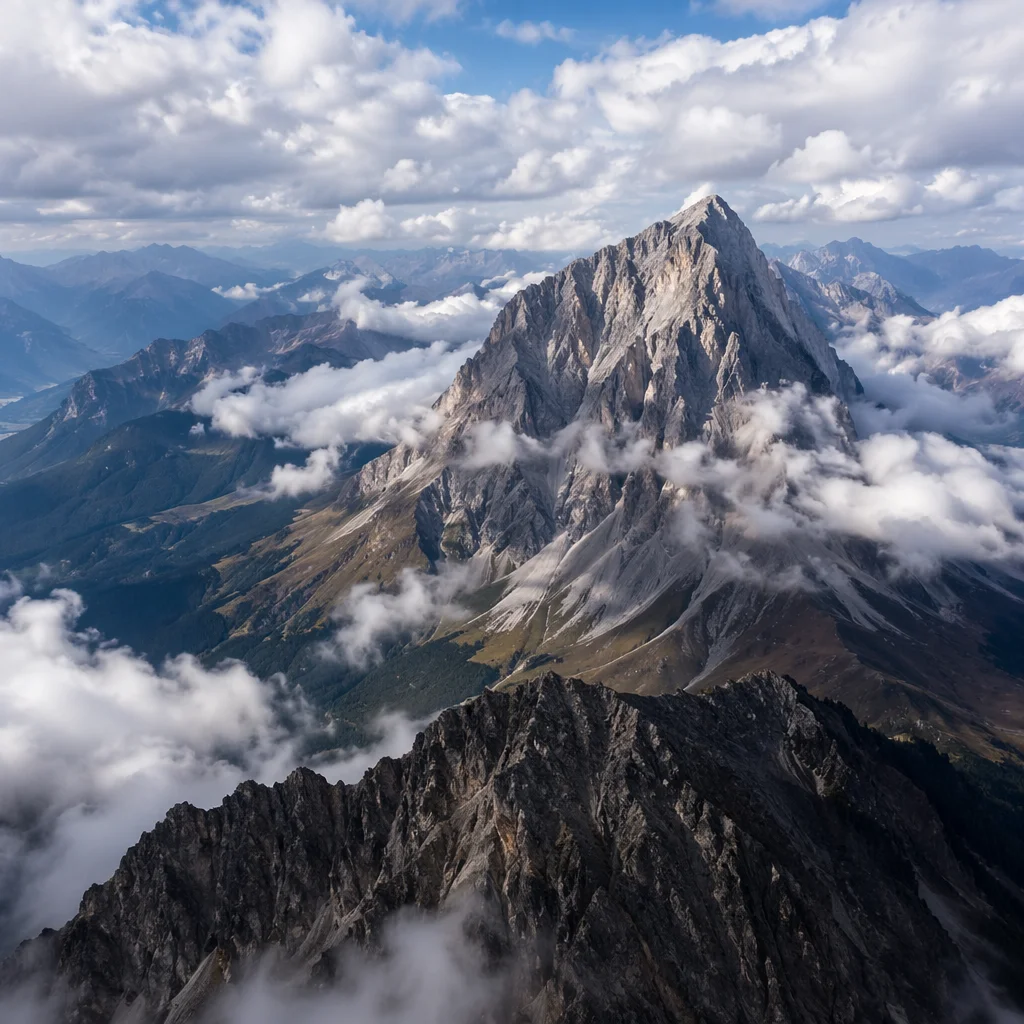 Majestic Mountain Peak Above Drifting Clouds