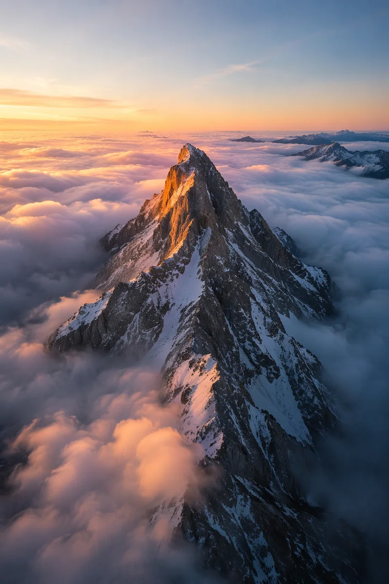 Majestic Mountain Peak Above Sunrise Clouds
