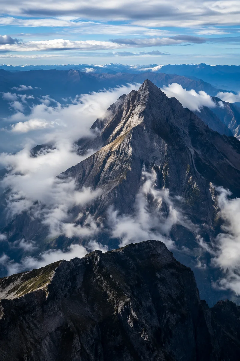Majestic Mountain Peak Above Drifting Clouds