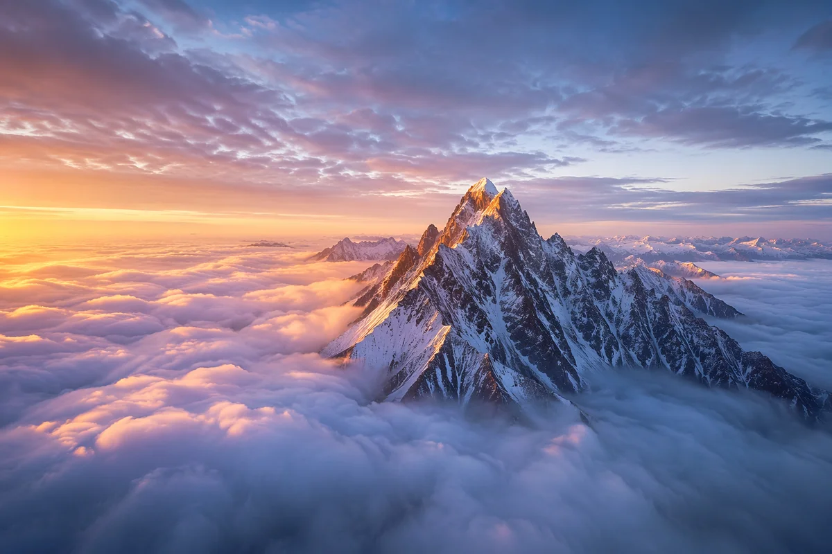 Majestic Mountain Peak Above Sunrise Clouds