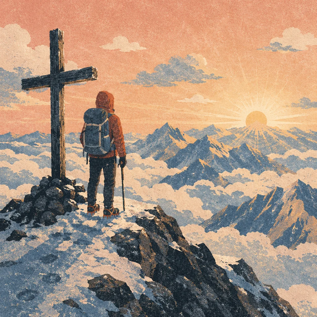 Sunrise Climber Beside Summit Cross