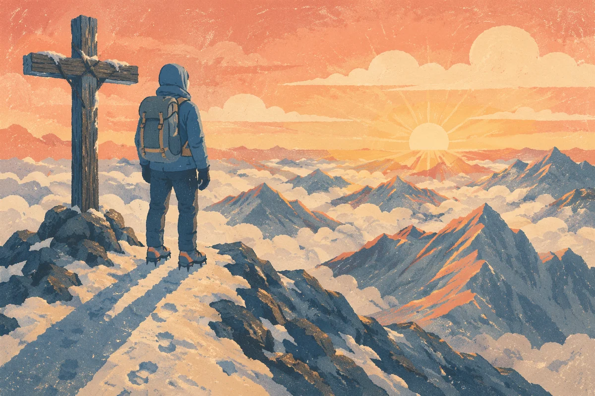 Sunrise Climber Beside Summit Cross
