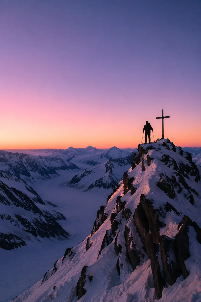 Climber and Summit Cross at Sunrise