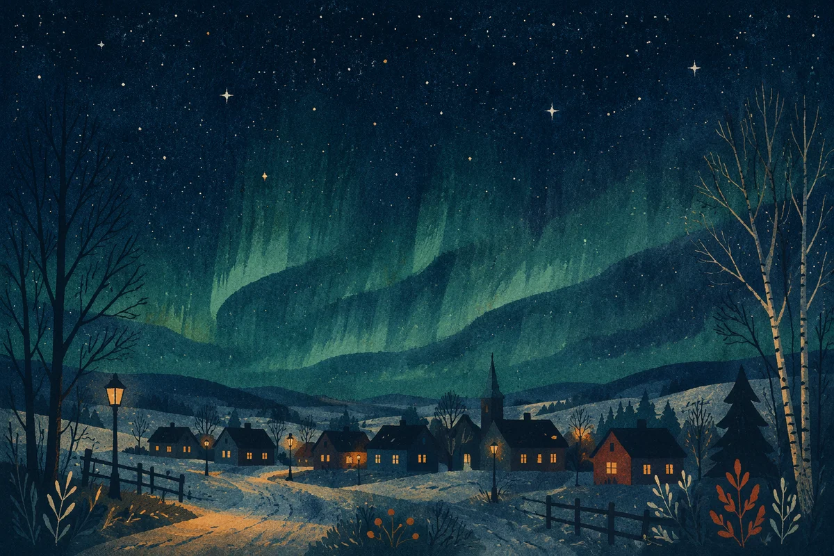 Emerald Aurora Over Quiet Winter Village