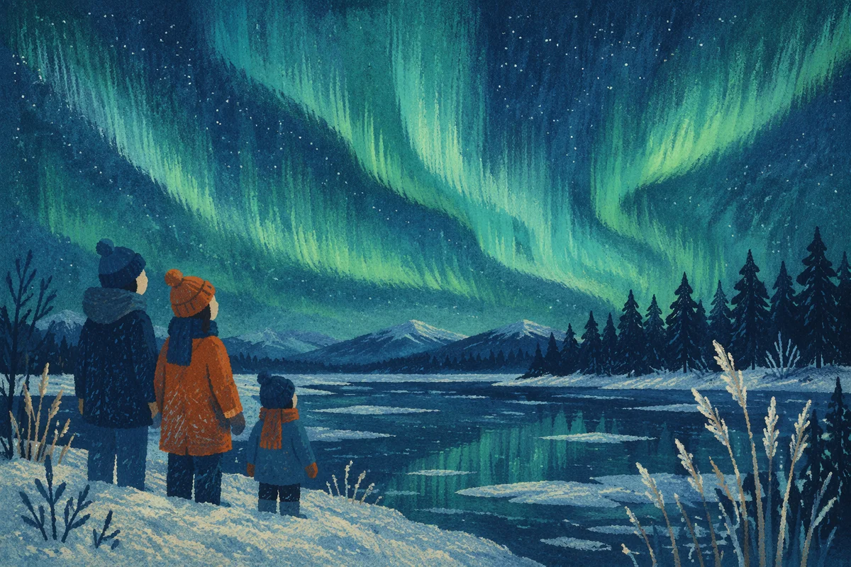 Green Aurora Over Frozen Winter Lake