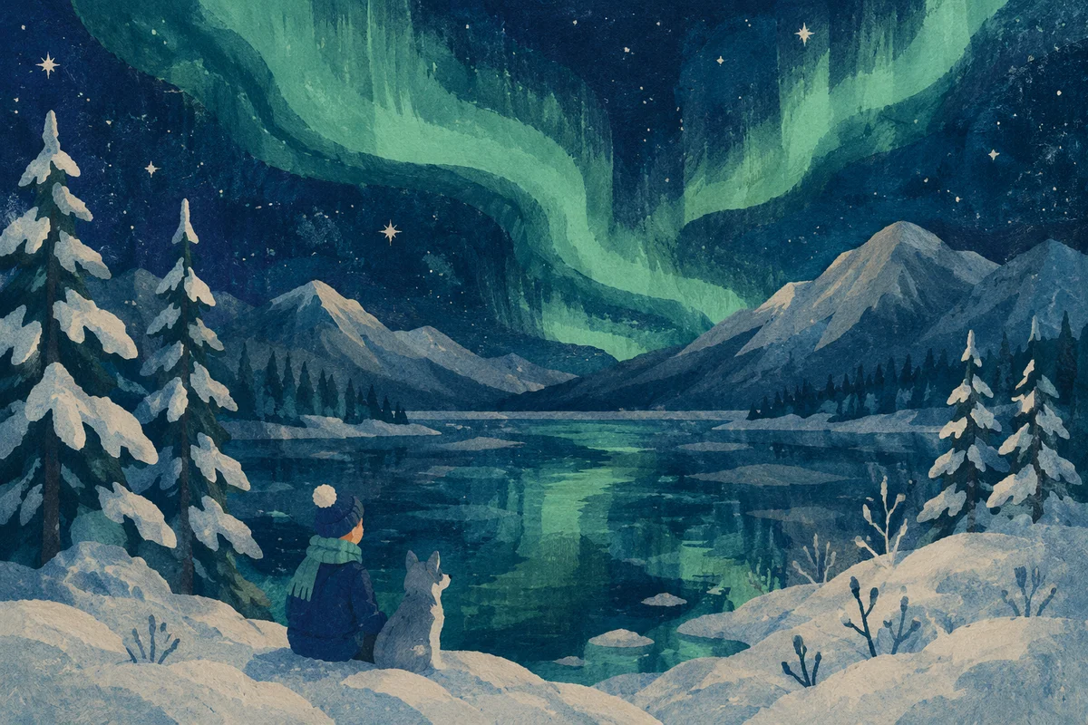 Green Aurora Over Frozen Alpine Lake