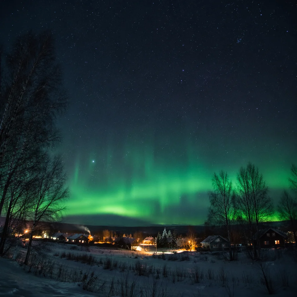 Emerald Aurora Over Quiet Winter Village