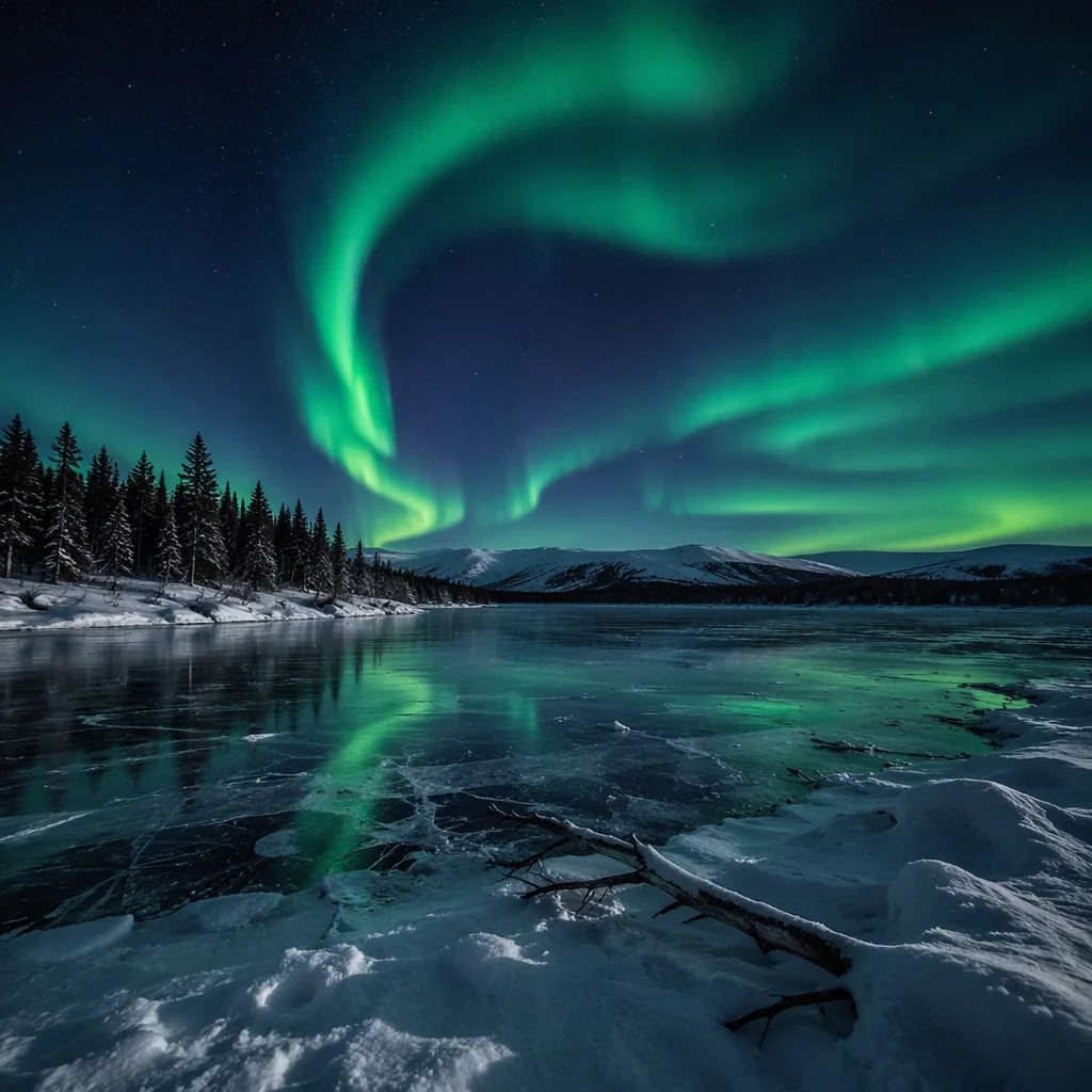 Green Aurora Over Frozen Winter Lake