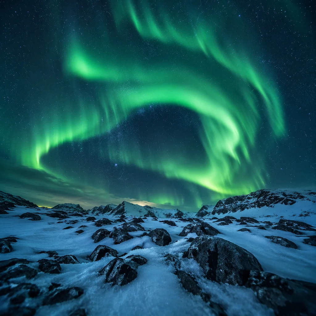 Green Aurora Over Snowy Mountain Ridge