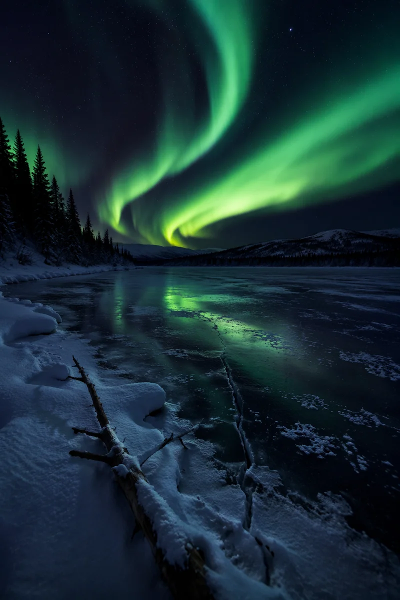 Green Aurora Over Frozen Winter Lake