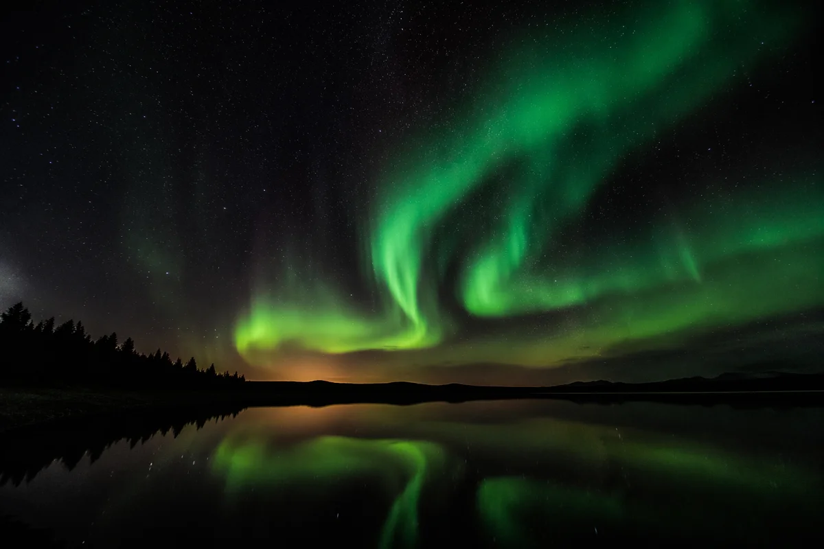 Green Aurora Over Silent Night Lake