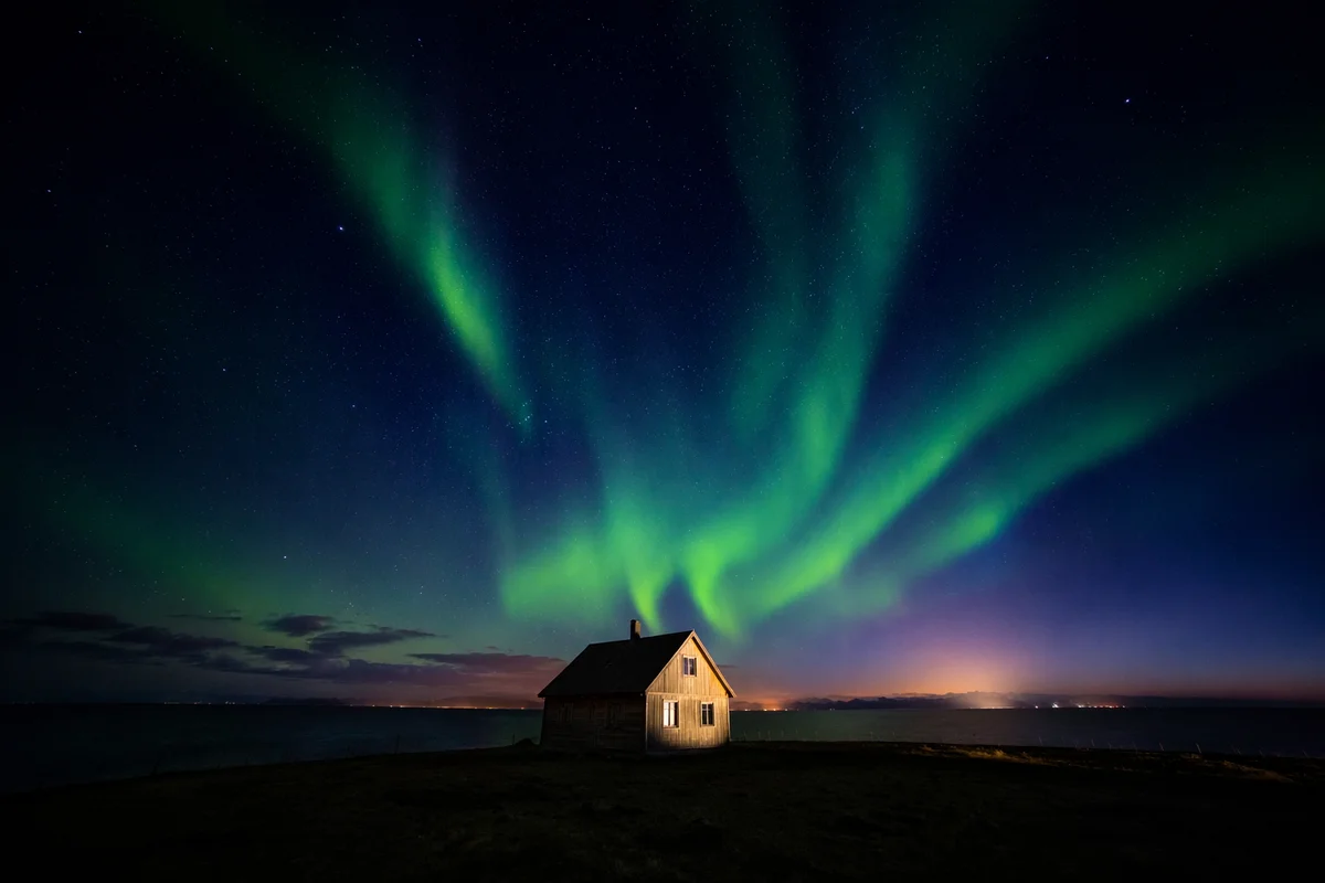 Green Aurora Over Remote Arctic Cabin