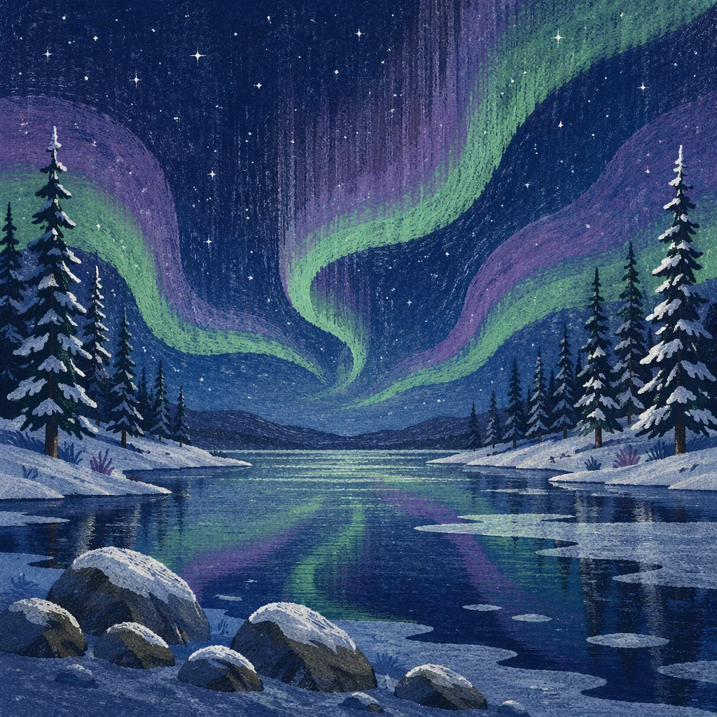 Aurora Borealis Over Frozen Winter Lake