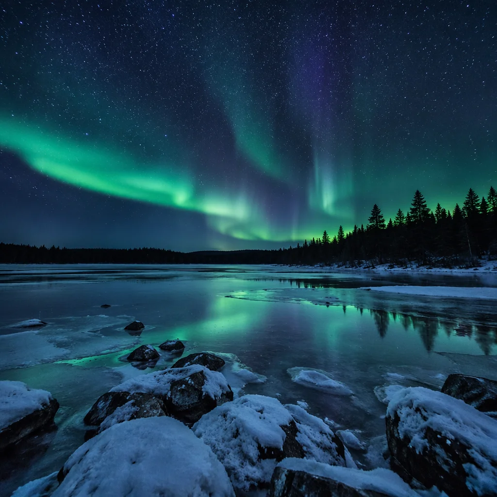Northern Lights Over Frozen Lake at Night