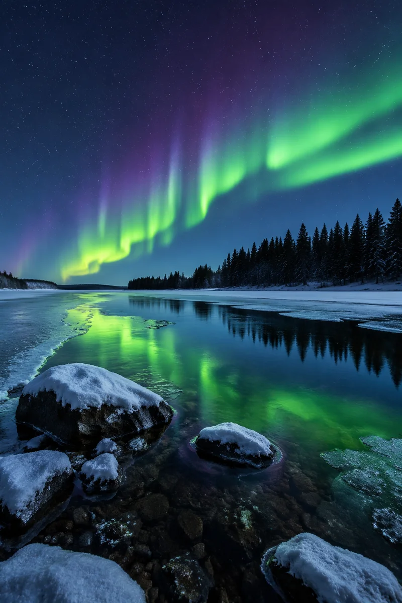 Northern Lights Over Frozen Lake Night