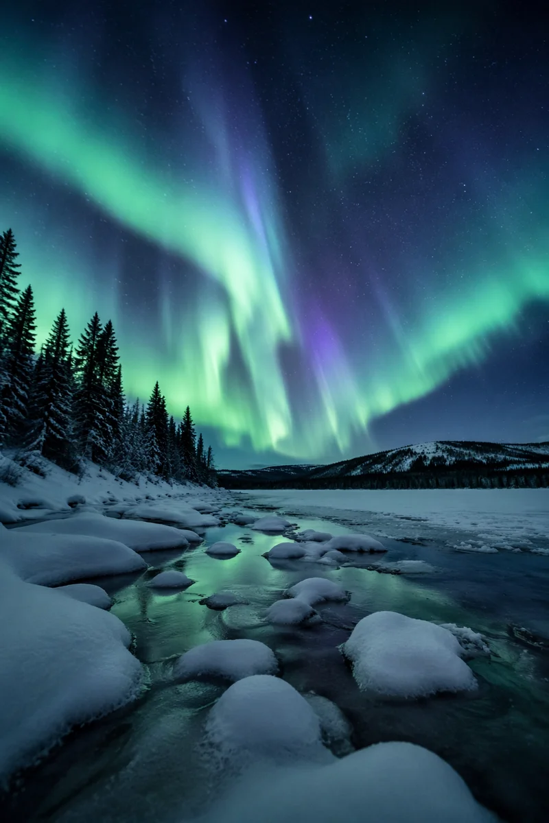 Aurora Borealis Over Frozen Winter Lake