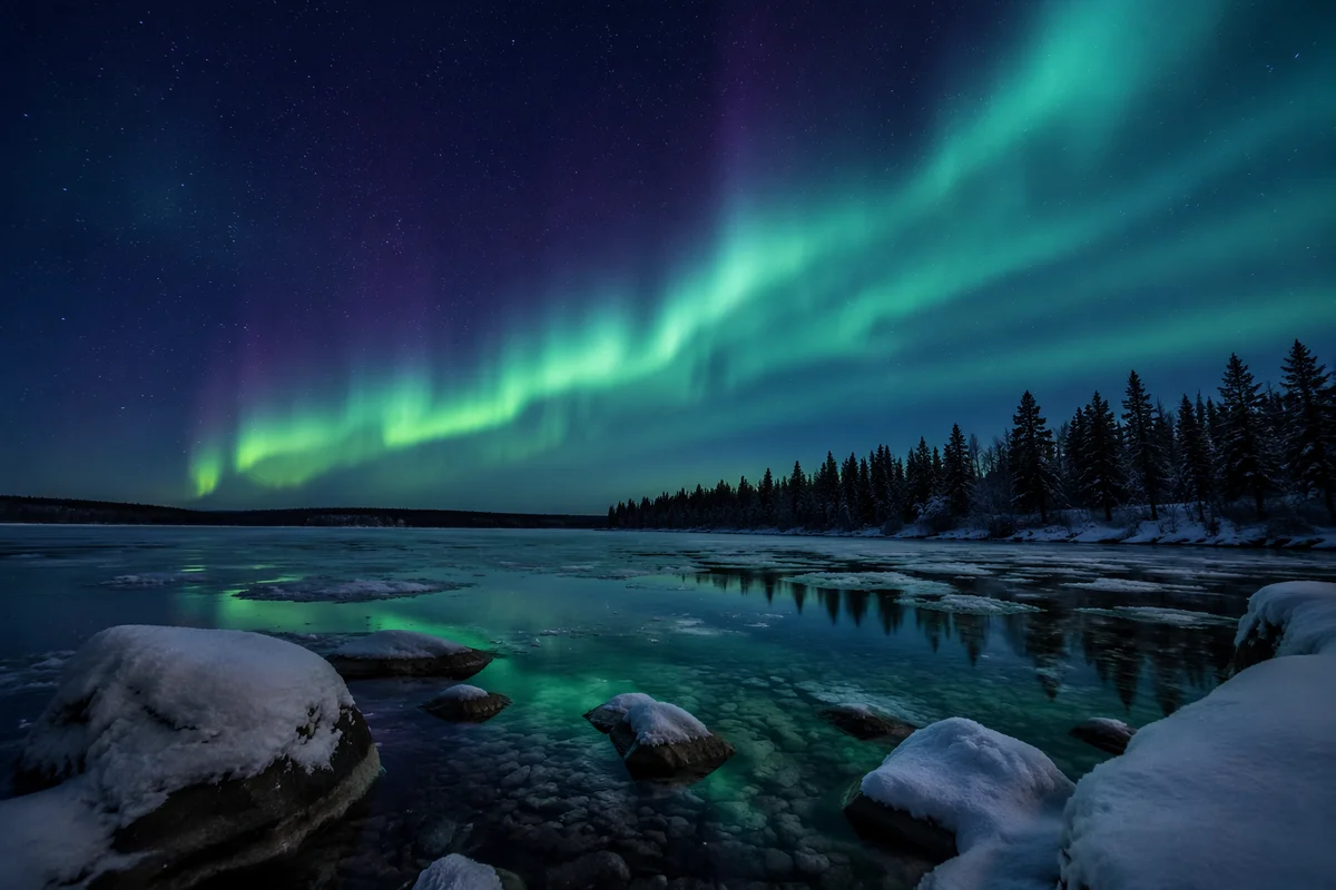 Northern Lights Over Frozen Lake Night