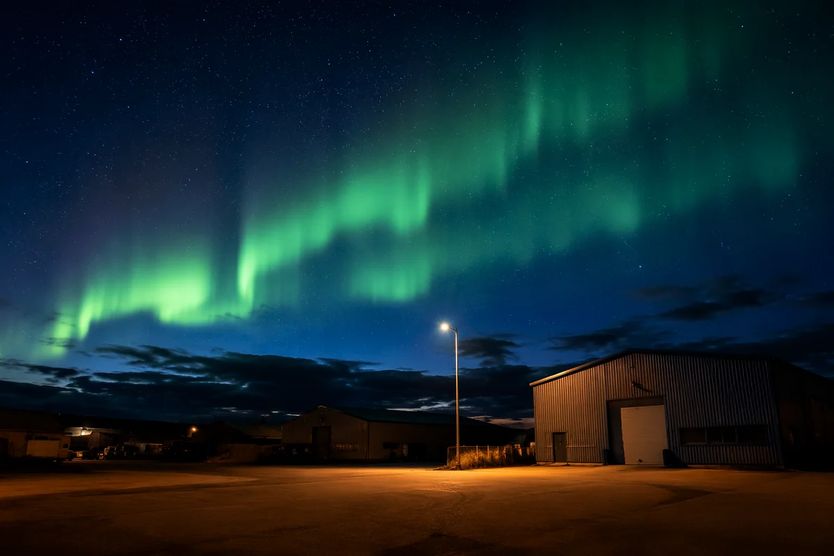 Aurora Borealis Over Quiet Industrial Yard
