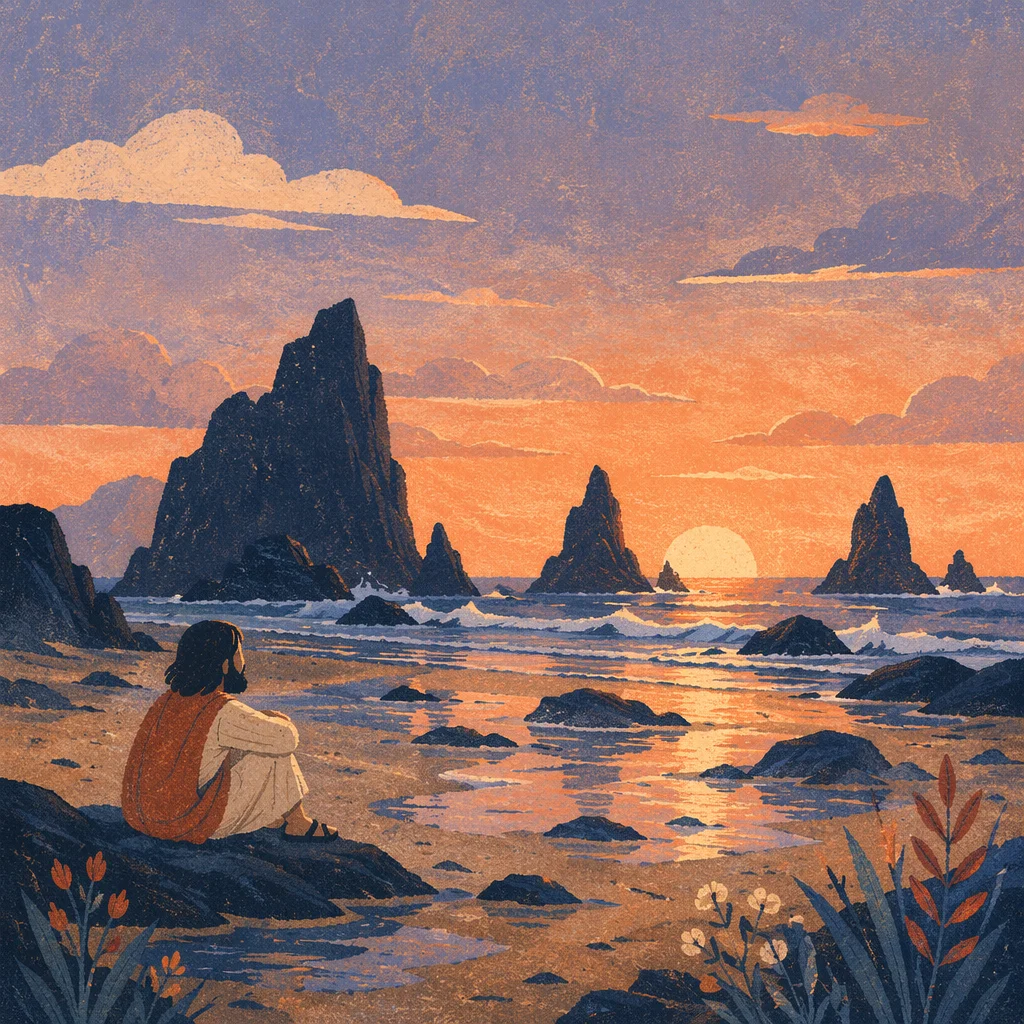 Ocean Sunset Silhouette Over Rugged Rocks