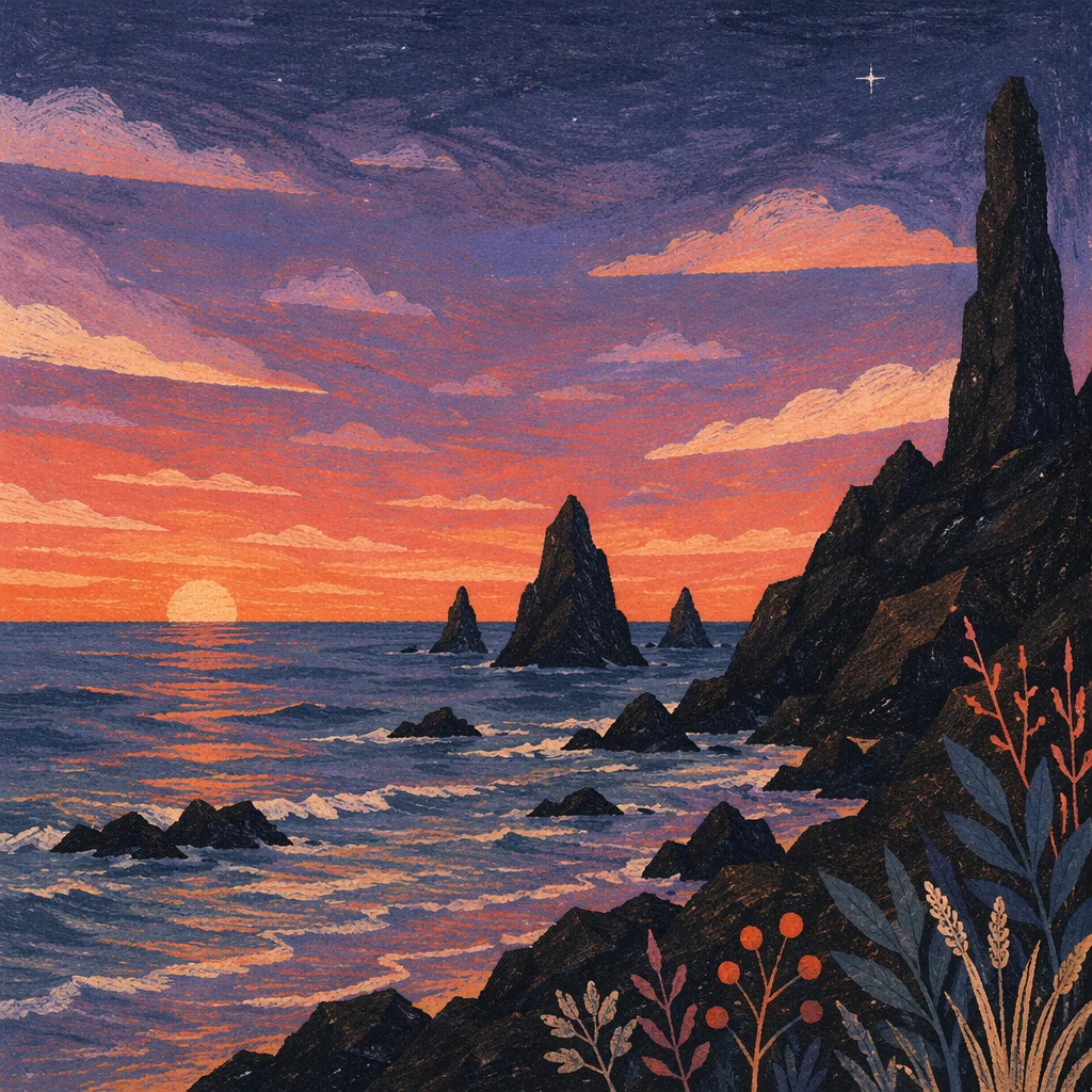 Ocean Sunset Silhouettes Over Rocky Sea Stacks
