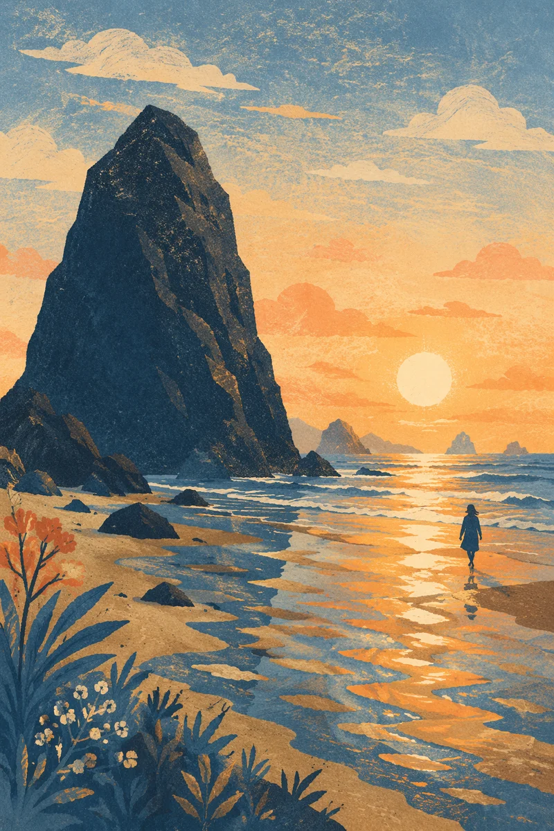 Sunset Sea Stack Silhouette at Low Tide