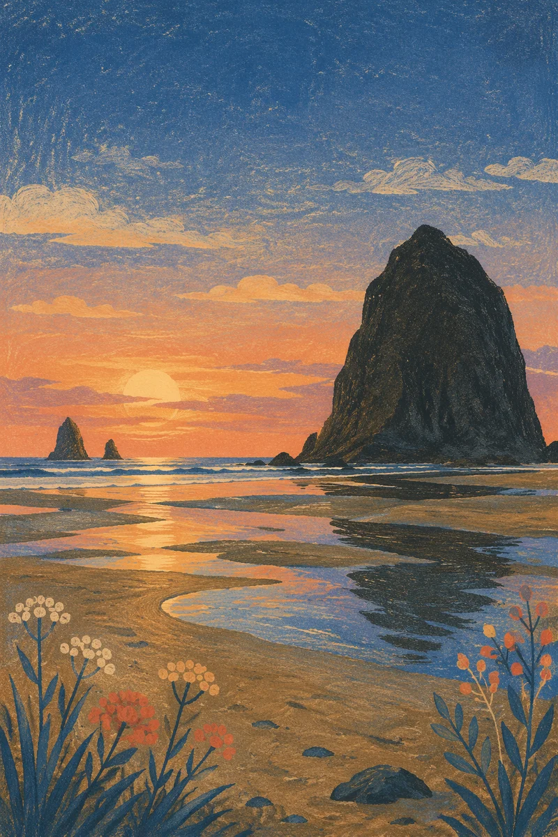 Ocean Sunset Silhouette with Coastal Rock Formations