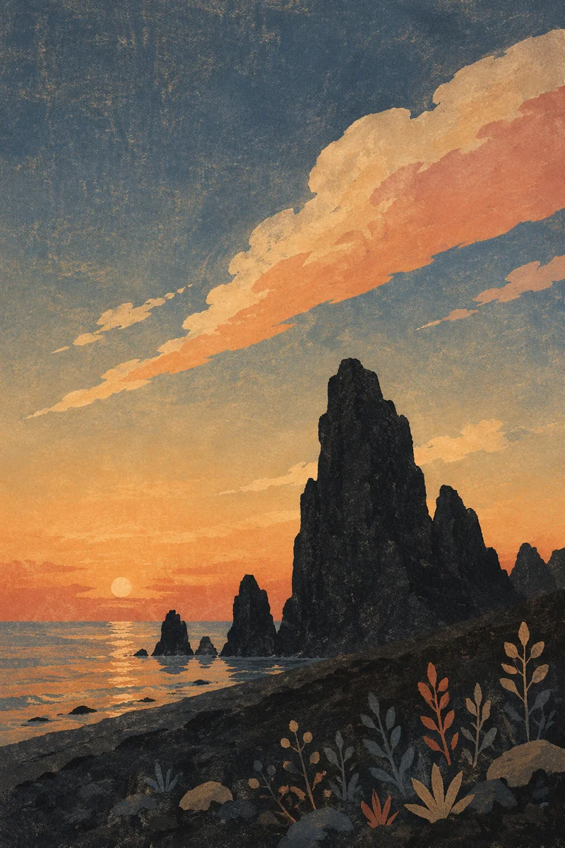 Ocean Sunset Silhouette with Rugged Sea Stacks