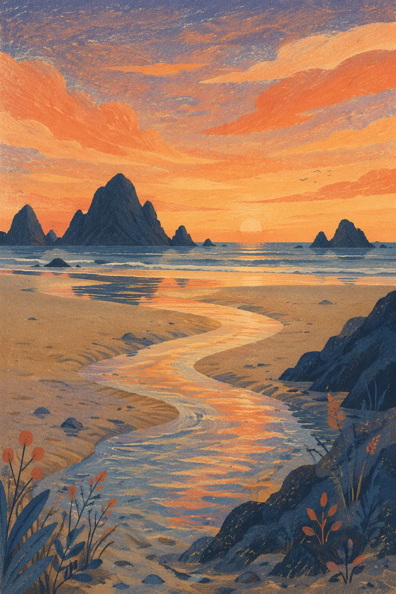 Peaceful Ocean Sunset with Rock Silhouettes