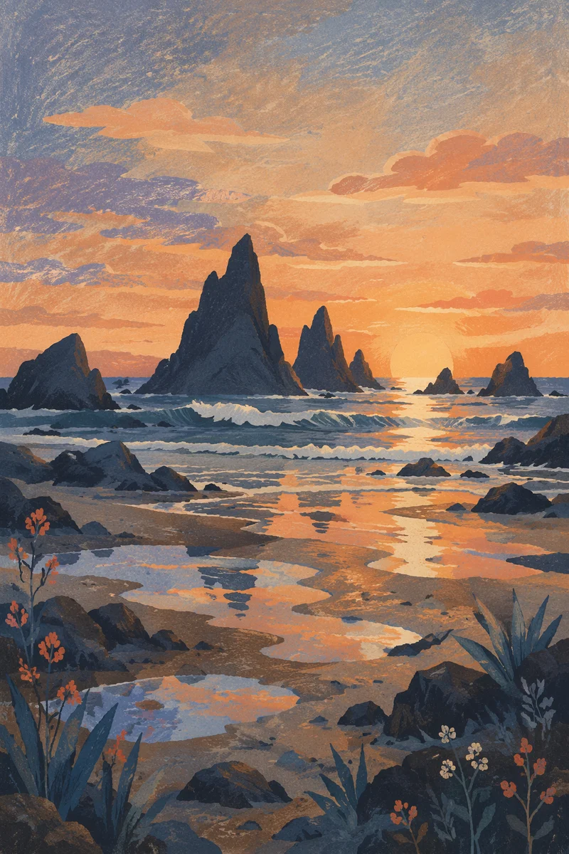 Ocean Sunset Silhouette Over Rugged Rocks