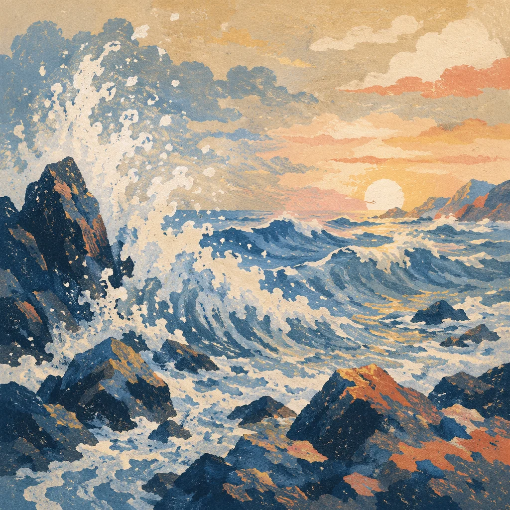 Dawn Ocean Waves on Rocky Shore