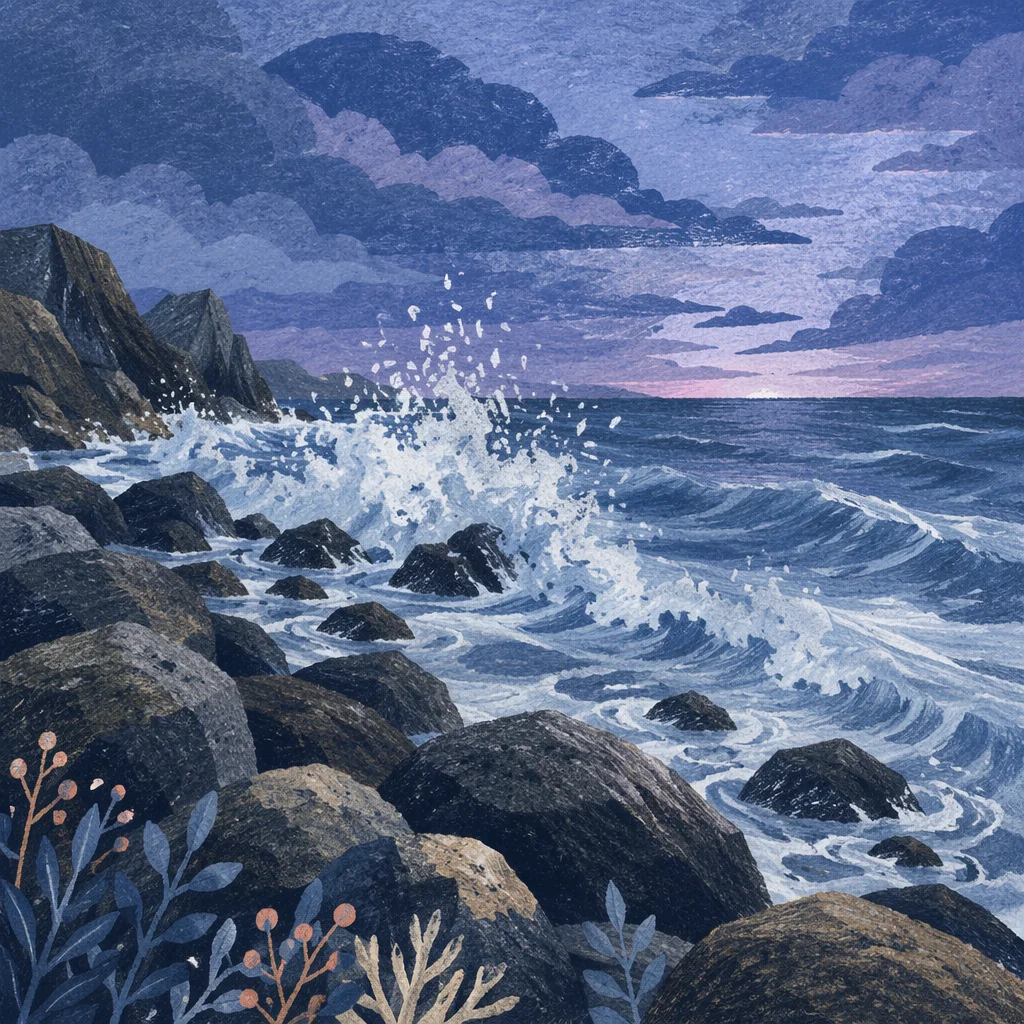 Ocean Waves at Rocky Shore Twilight