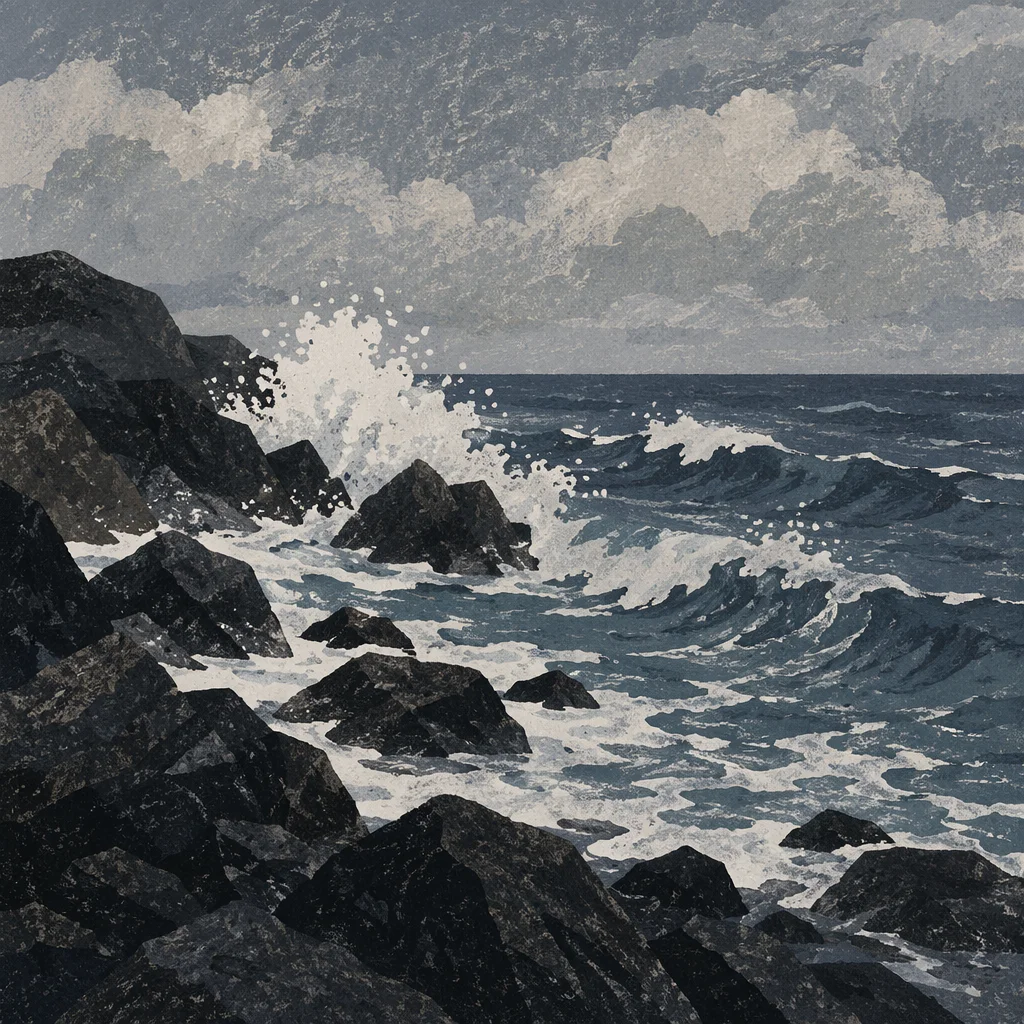 Moody Ocean Waves on Rocky Shore