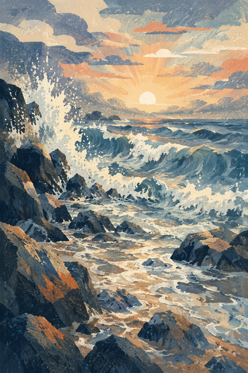 Dawn Waves Crashing on Rocky Shore
