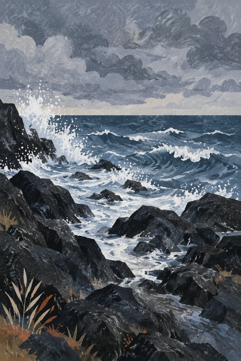 Moody Ocean Waves on Rocky Shore