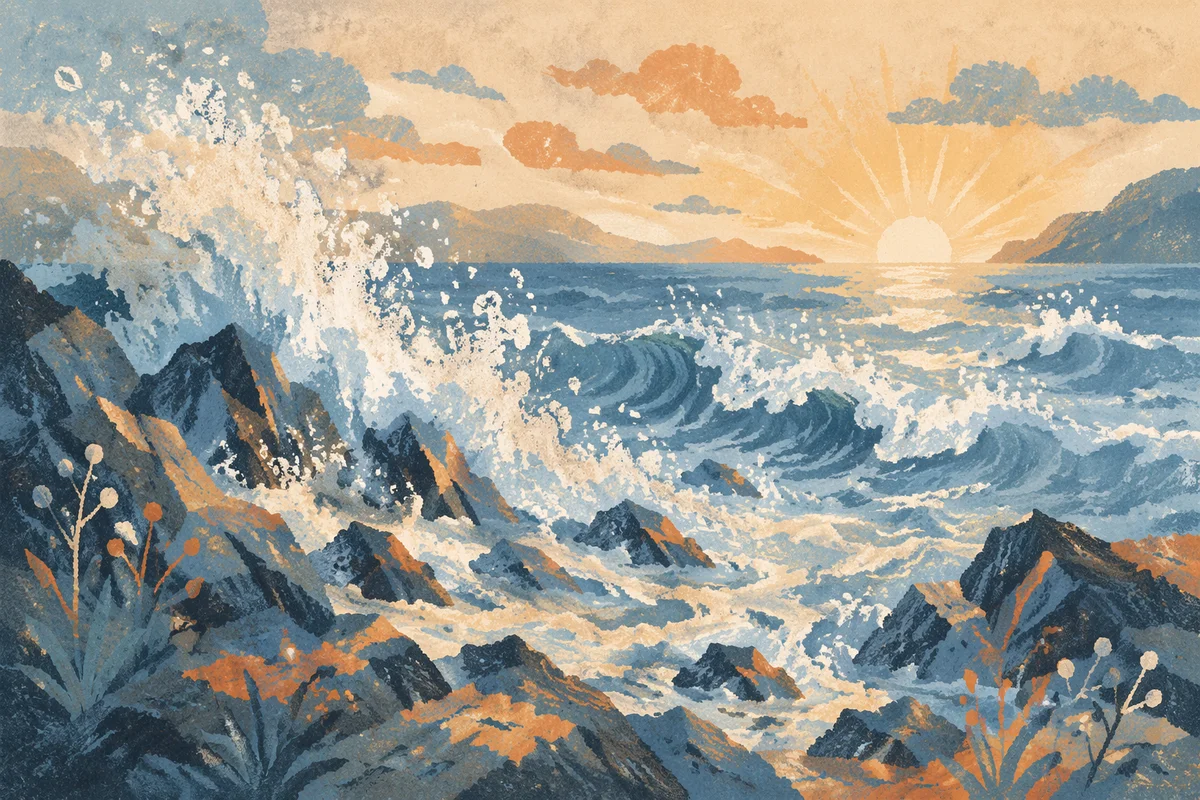 Dawn Waves Crashing on Rocky Coast