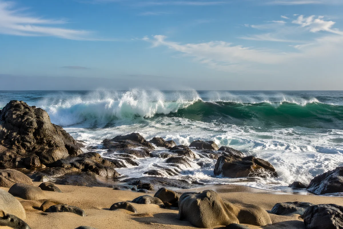 Ocean Waves Crashing on Rocky Shore