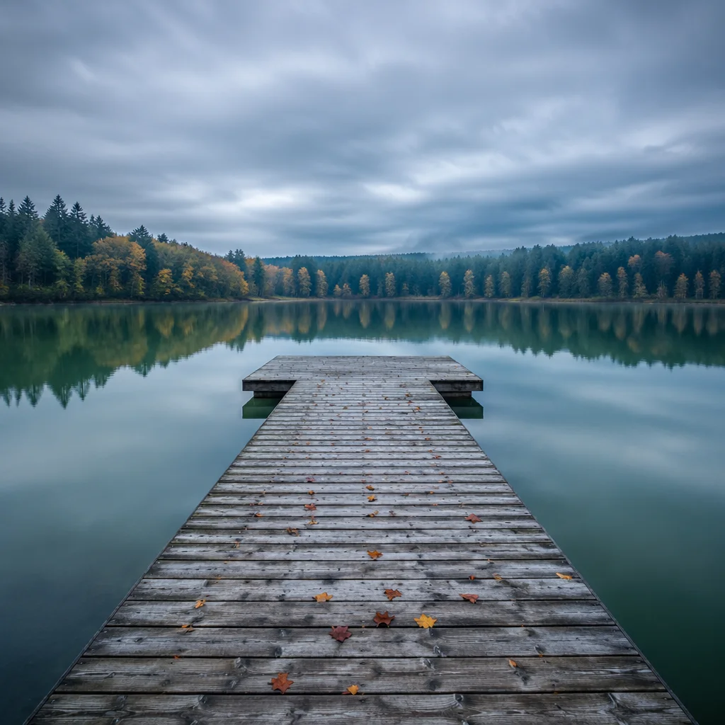 Peaceful Wooden Pier on Calm Morning Lake