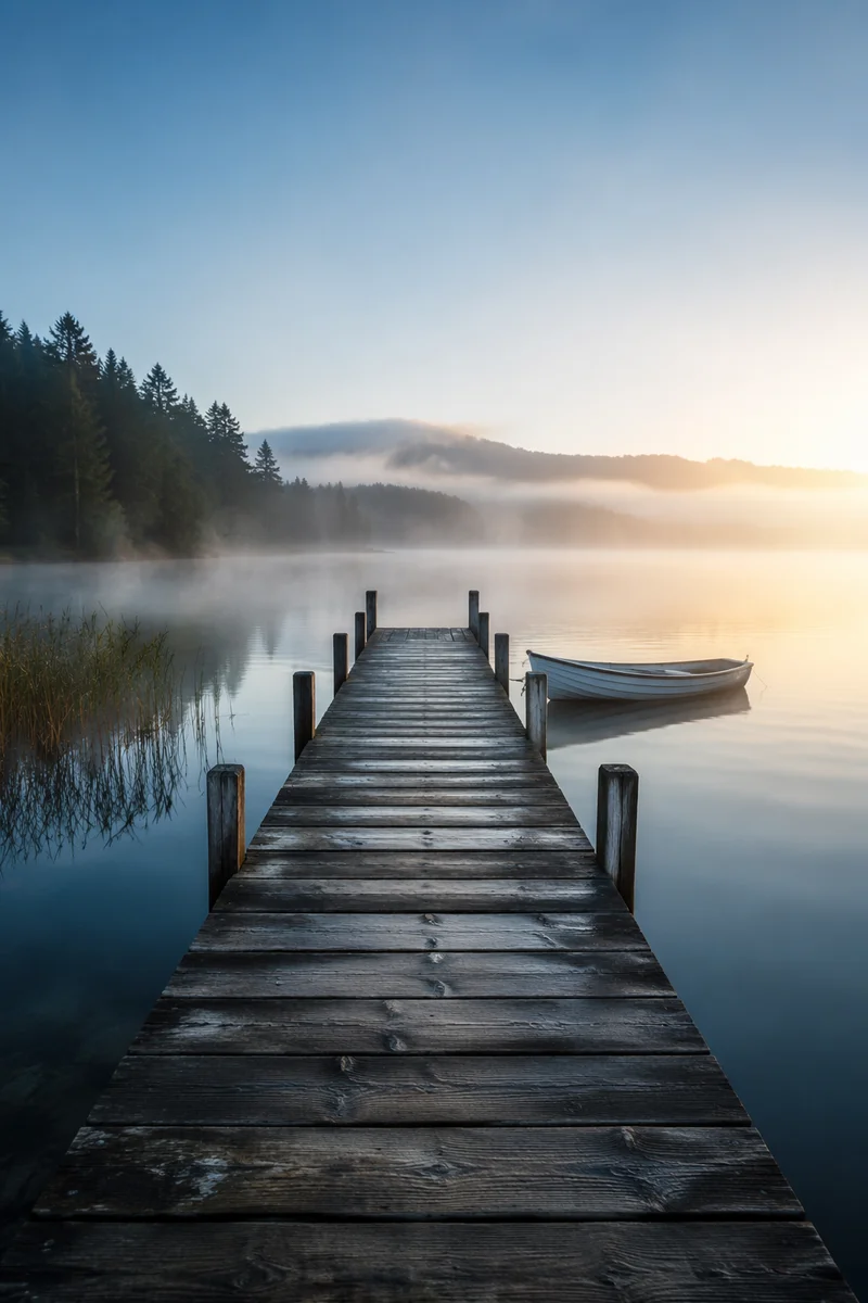 Peaceful Lake Dock at Misty Morning