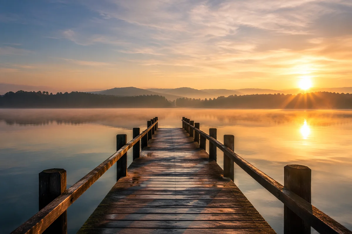 Peaceful Sunrise Pier Over Calm Lake
