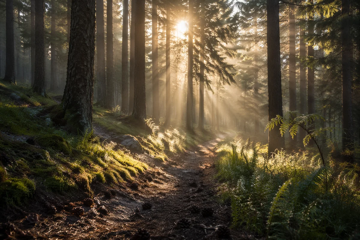 Morning Sunbeams on Pine Forest Trail