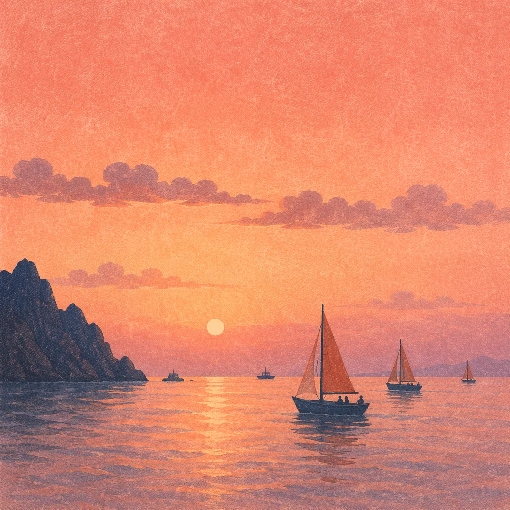 Pink Sunrise Over Calm Bay Sailboats