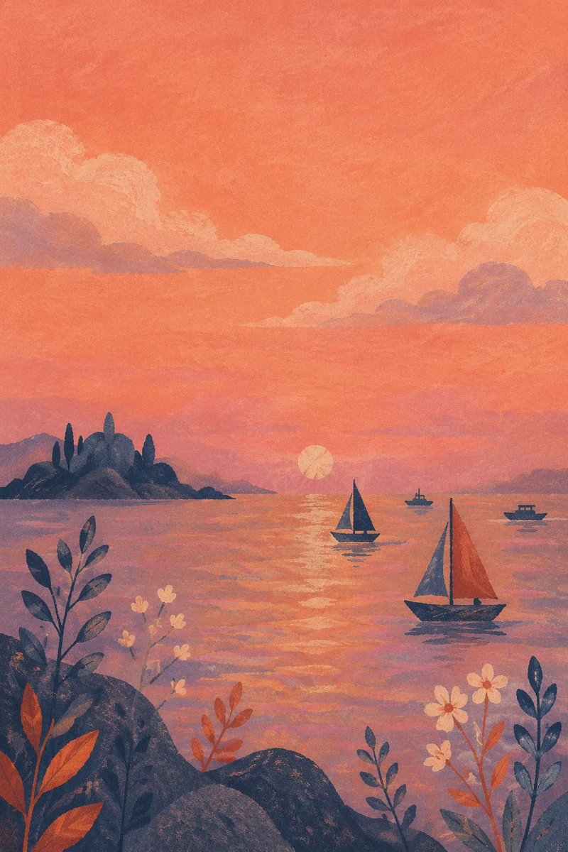 Pink Sunrise Over Calm Bay Sailboats