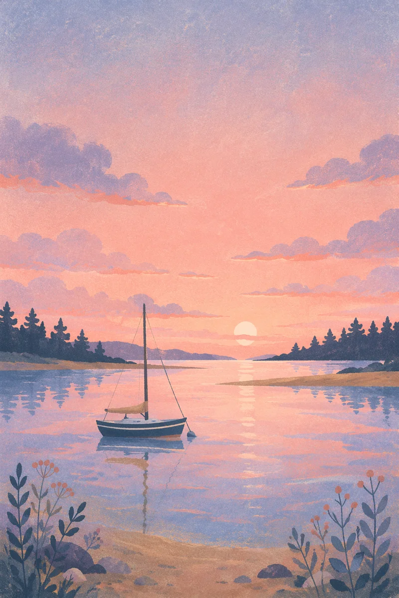 Pink Sunrise Sailboat Over Calm Bay