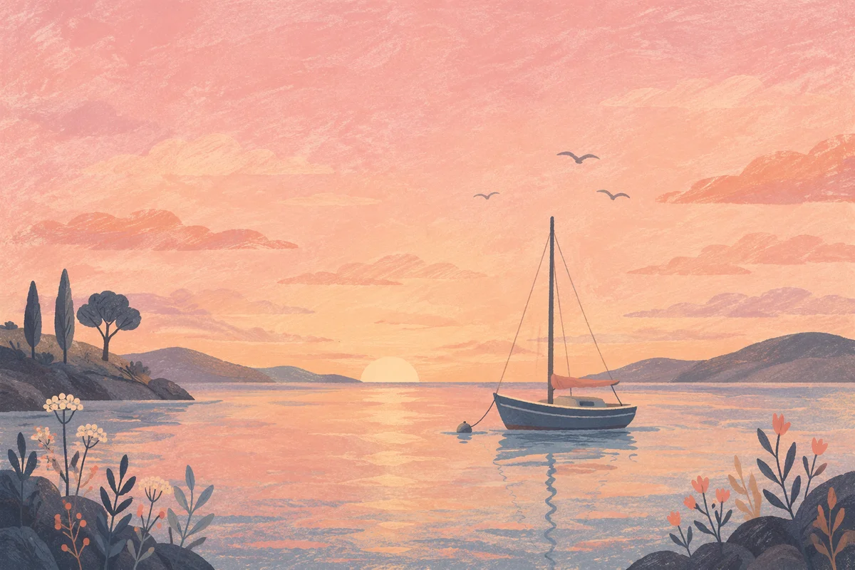 Pink Sunrise Over Calm Bay Sailboat
