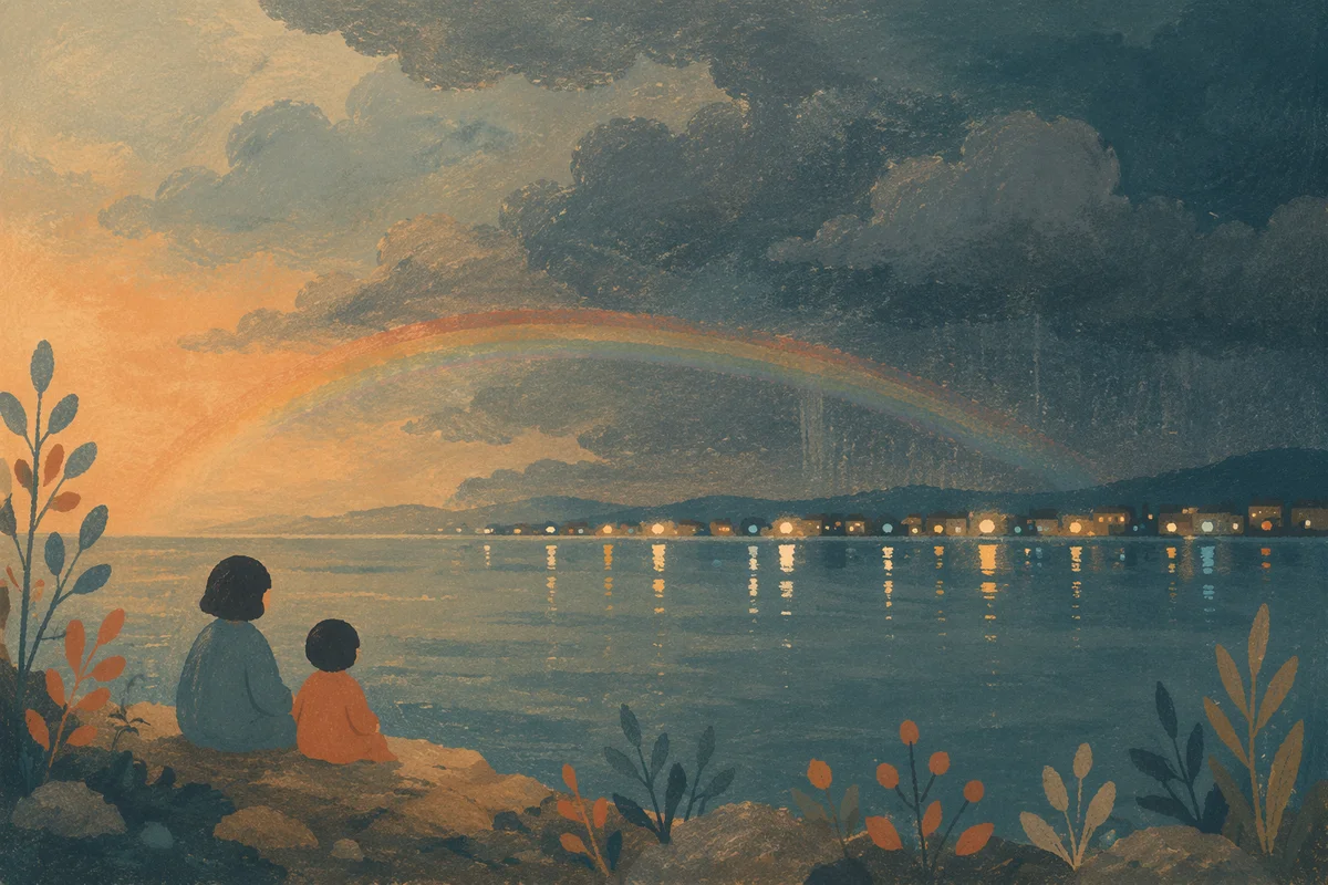 Rainbow Over Calm Bay After Rain