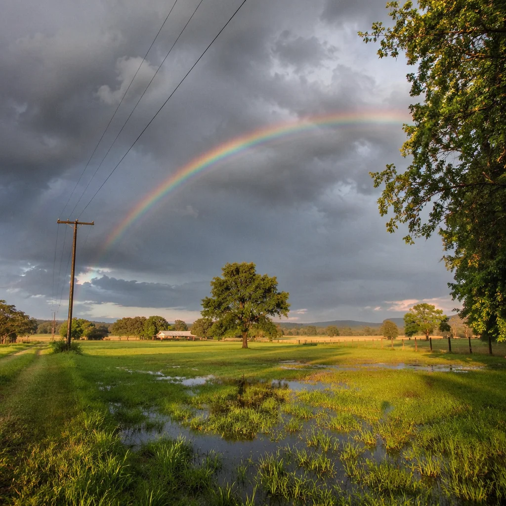 Pastel Rainbow Over Quiet Rainy Countryside