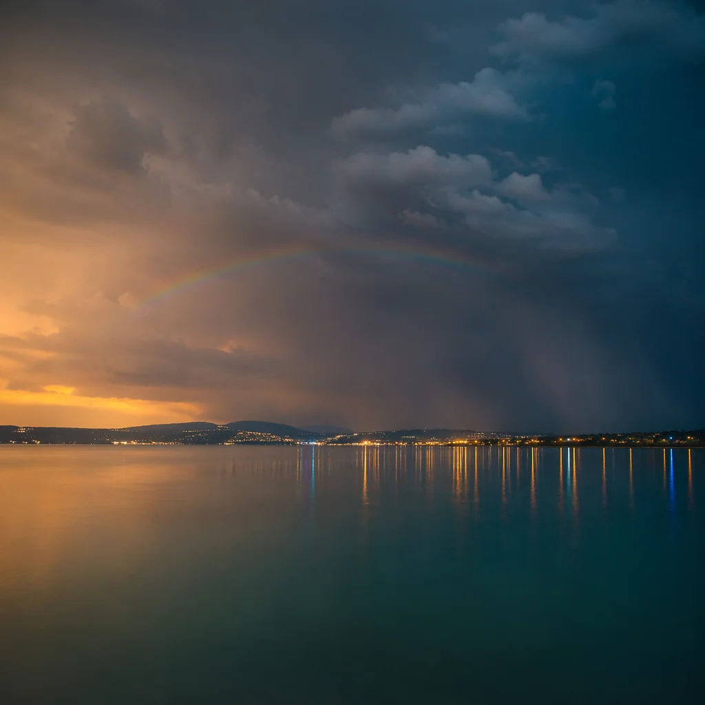 Rainbow Over Calm Bay After Rain
