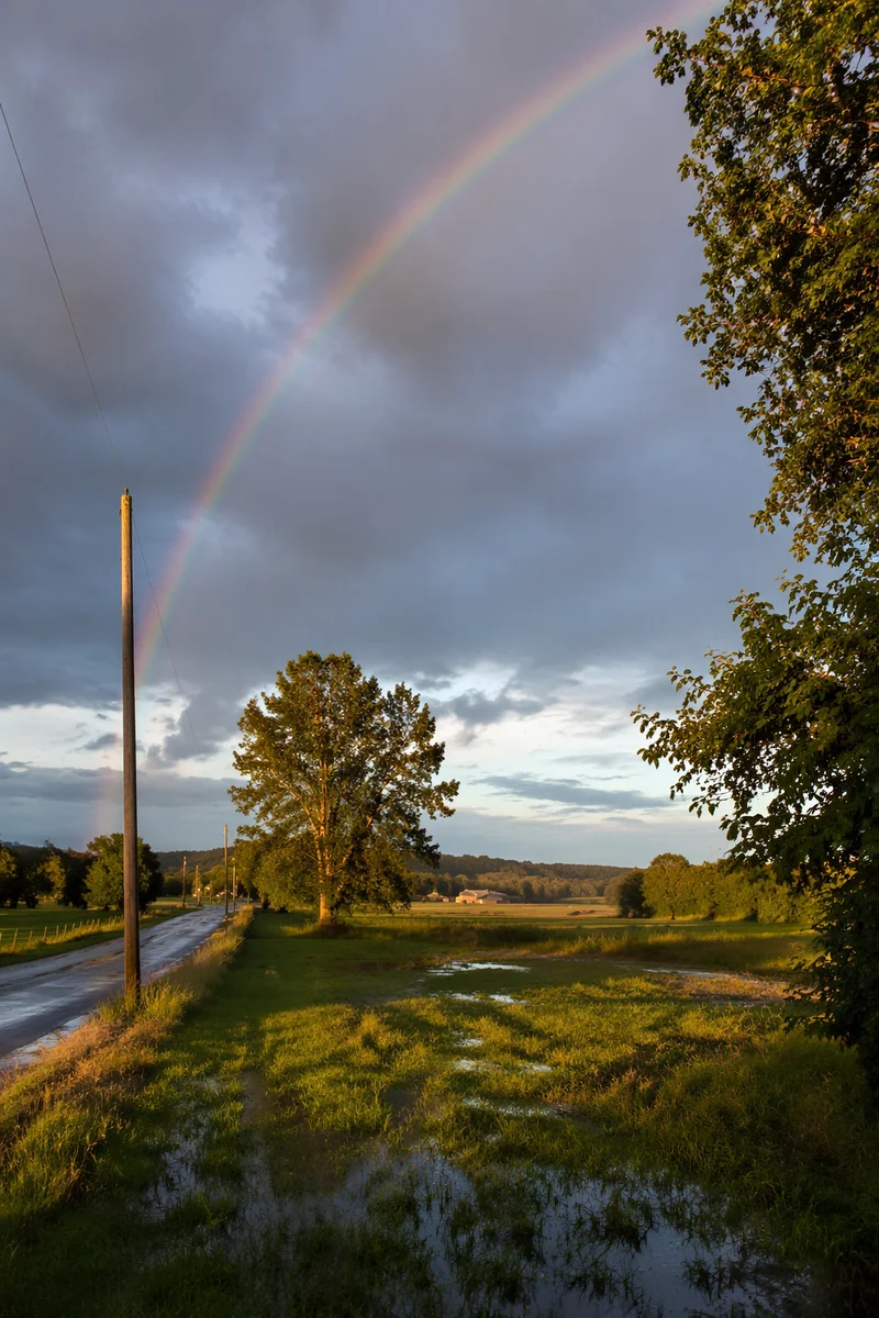 Pastel Rainbow Over Rain-Soaked Countryside
