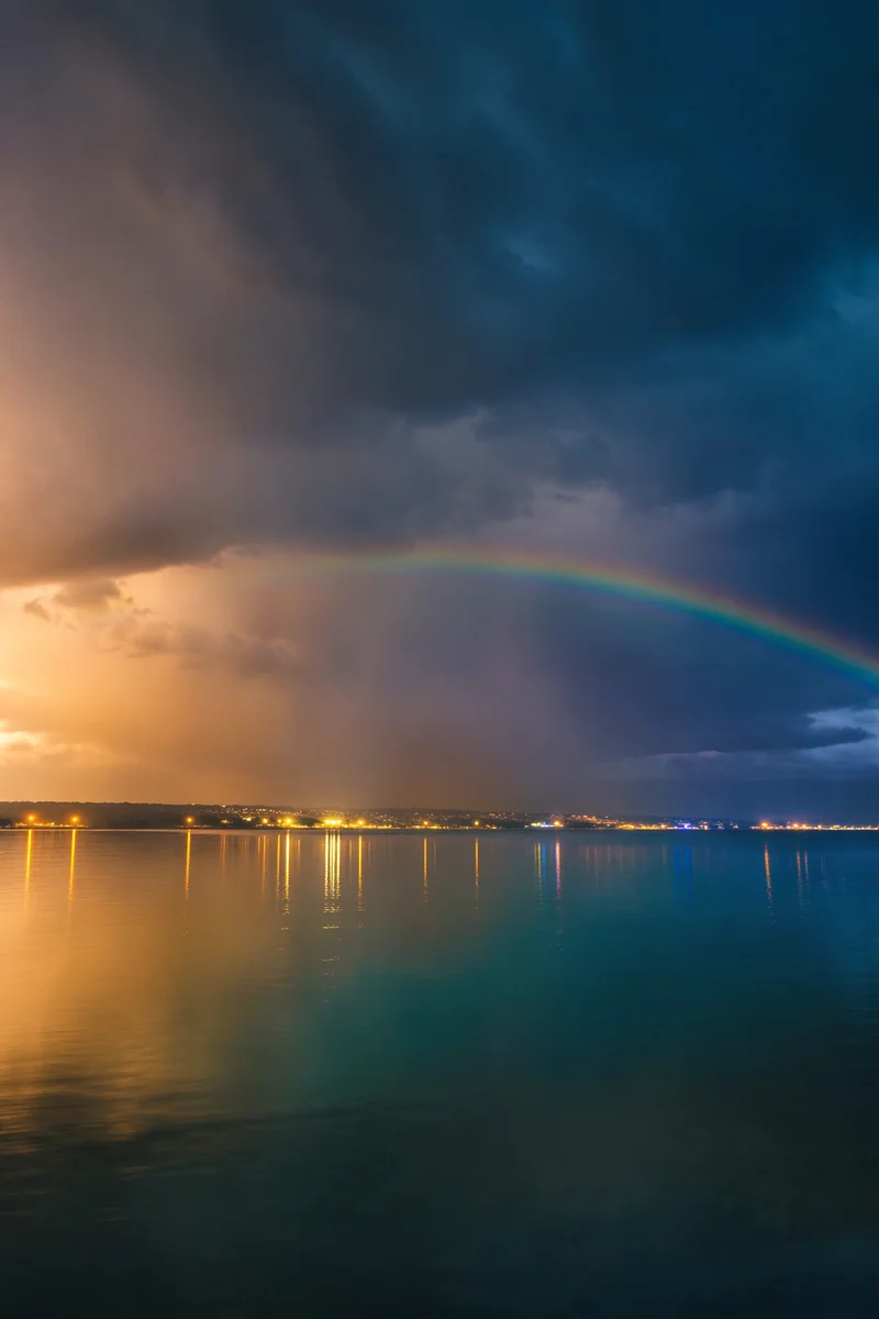 Rainbow Over Calm Bay After Rain