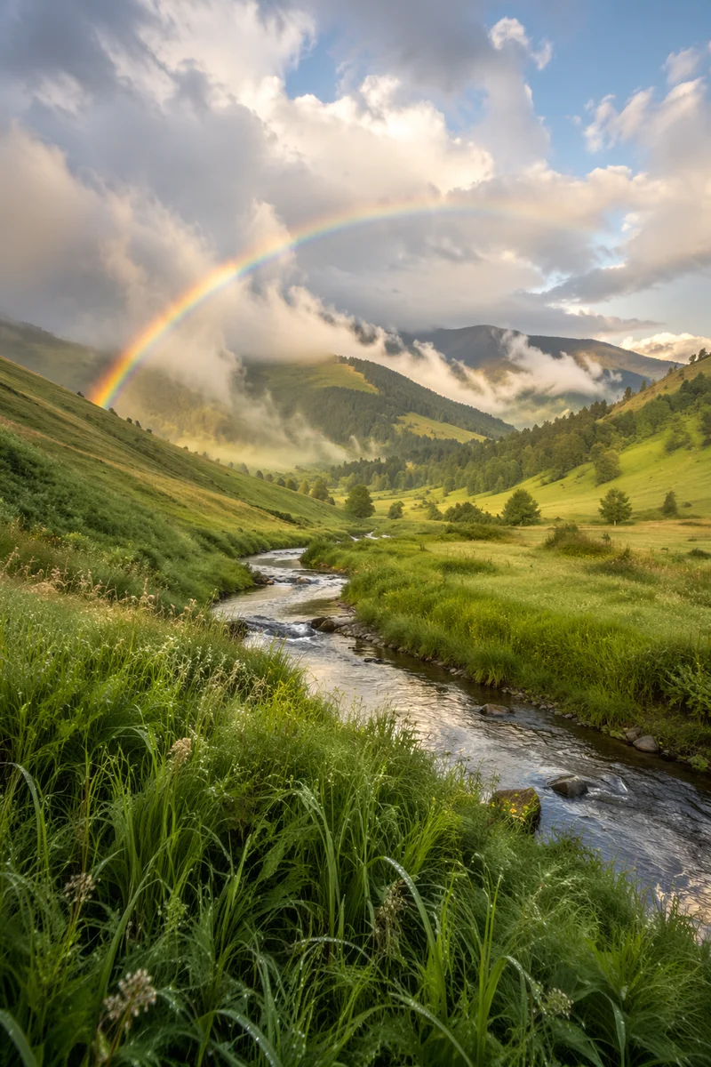 Rainbow Over Green Valley After Rain